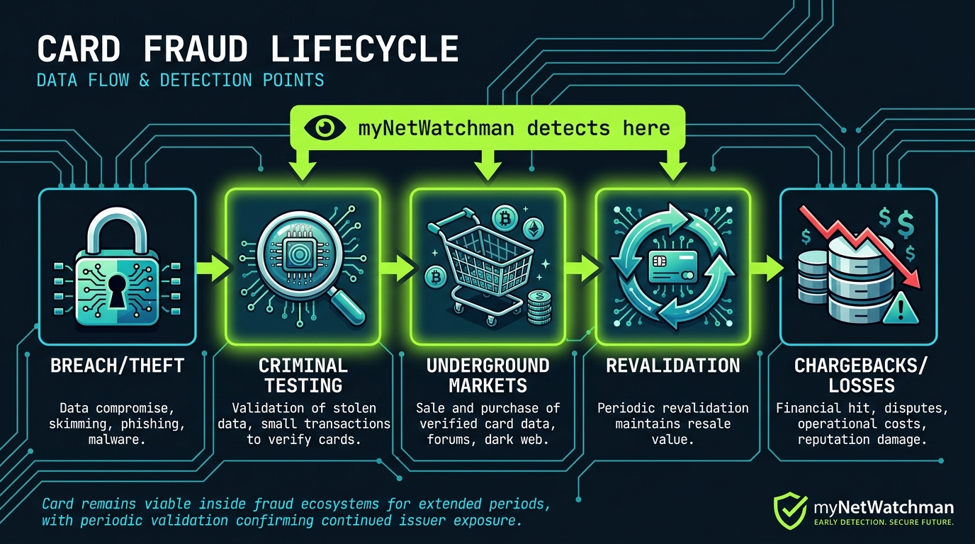 Card fraud lifecycle diagram showing myNetWatchman's intervention at the testing stage
